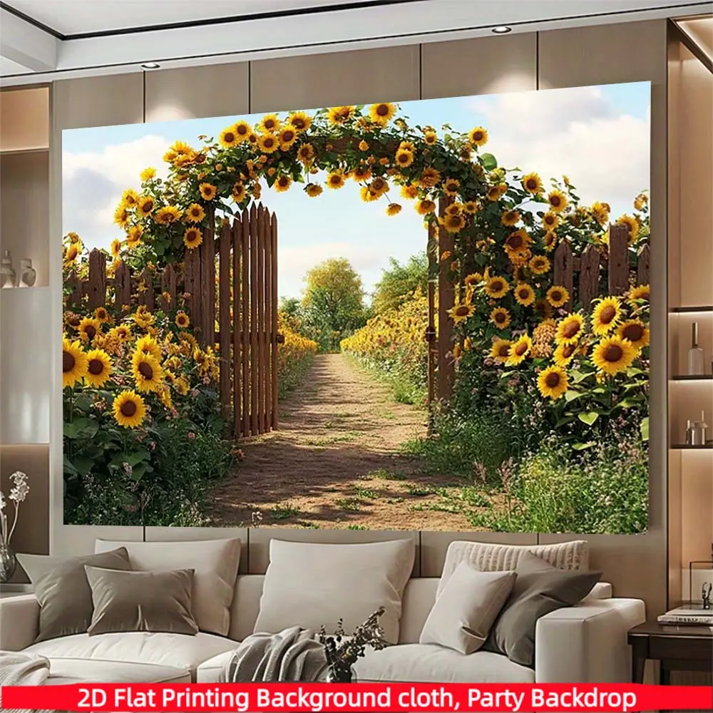 1PC, Sunflower Garden Archway Backdrop, Rustic Wooden Fence with Yellow Sunflowers Path Theme Photography Background, Durable Polyester Fabric, Suitable for Photo Booth, Party, Birthday, Celebration and Indoor Outdoor Home Wall Decor