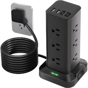 Aioneus Power Strip Tower Surge Protector with 12 Outlets 4 USB Ports 6 FT Extension Cord Anti-surge 1200J Power Station Black White