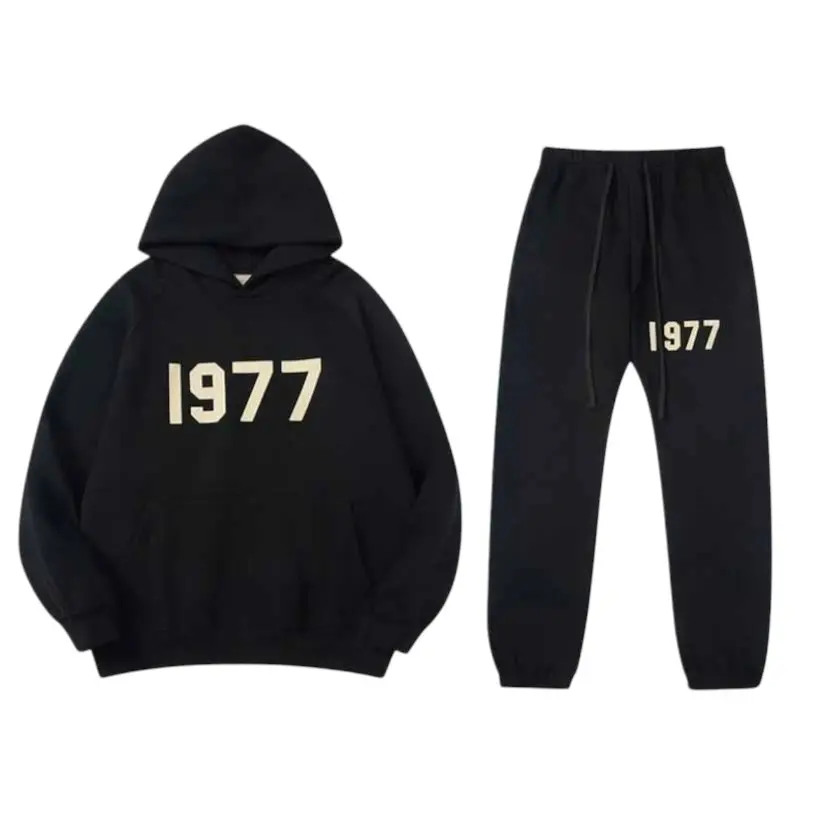 1977 Graphic Hoodie Sweatpants Set,Black Pullover and Joggers, Trendy Urban Streetwear Outfit Full size S-2XL