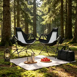 Summervibes 2Pcs Hammock Camping Chair, Folding Portable Rocking Chair, Aluminum Alloy Adjustable Back Swinging Recliner Chair with Pillow and Cup Holder, Foldable Outdoor Lounge Chair with Carry Bag for Travel, Lawn, Backyard, Black