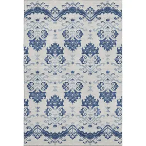 HomeRoots 663778 8 x 10 ft. Navy Blue & Ivory Medallion Transitional Washable Machine Made Rectangle Area Rug with UV Protection