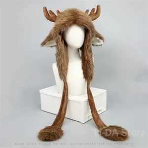 Christmas Elk Antler Velvet Hat Autumn and Winter Warm Cute Fur Ear Protection Fluffy Hat Soft Snow Cap Furry Cap Hat