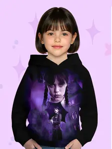 Wednesday Dark Gothic Style Girls' Dual Image Hoodie, Casual Long Sleeve Fitted Sweatshirt, Fall & Winter Fashion