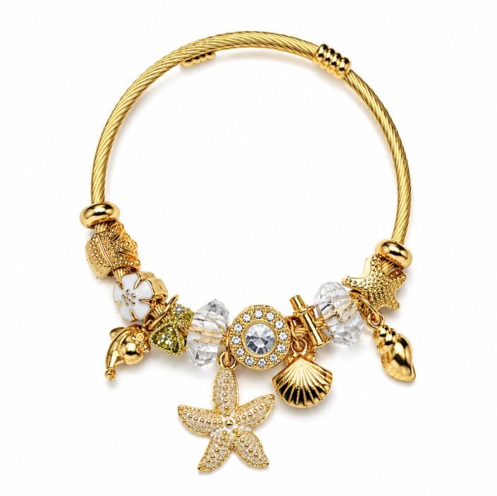 Tone Gold Twisted Open Bangle Dual Color Ocean Charm Bracelet Black Clear Crystal Dolphin Starfish Shell Floral Bead Women Beach Vacation Jewelry Gift Tone Gold Twisted Open Bangle Dual Color Ocean Charm Bracelet Black Clear Crystal Dolphin Starfish Shell Floral Bead Women Beach Vacation Jewelry Gift