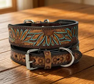 Leather Dog Collar Full grain Leather Handmade Tooled Carved 1.5" wide