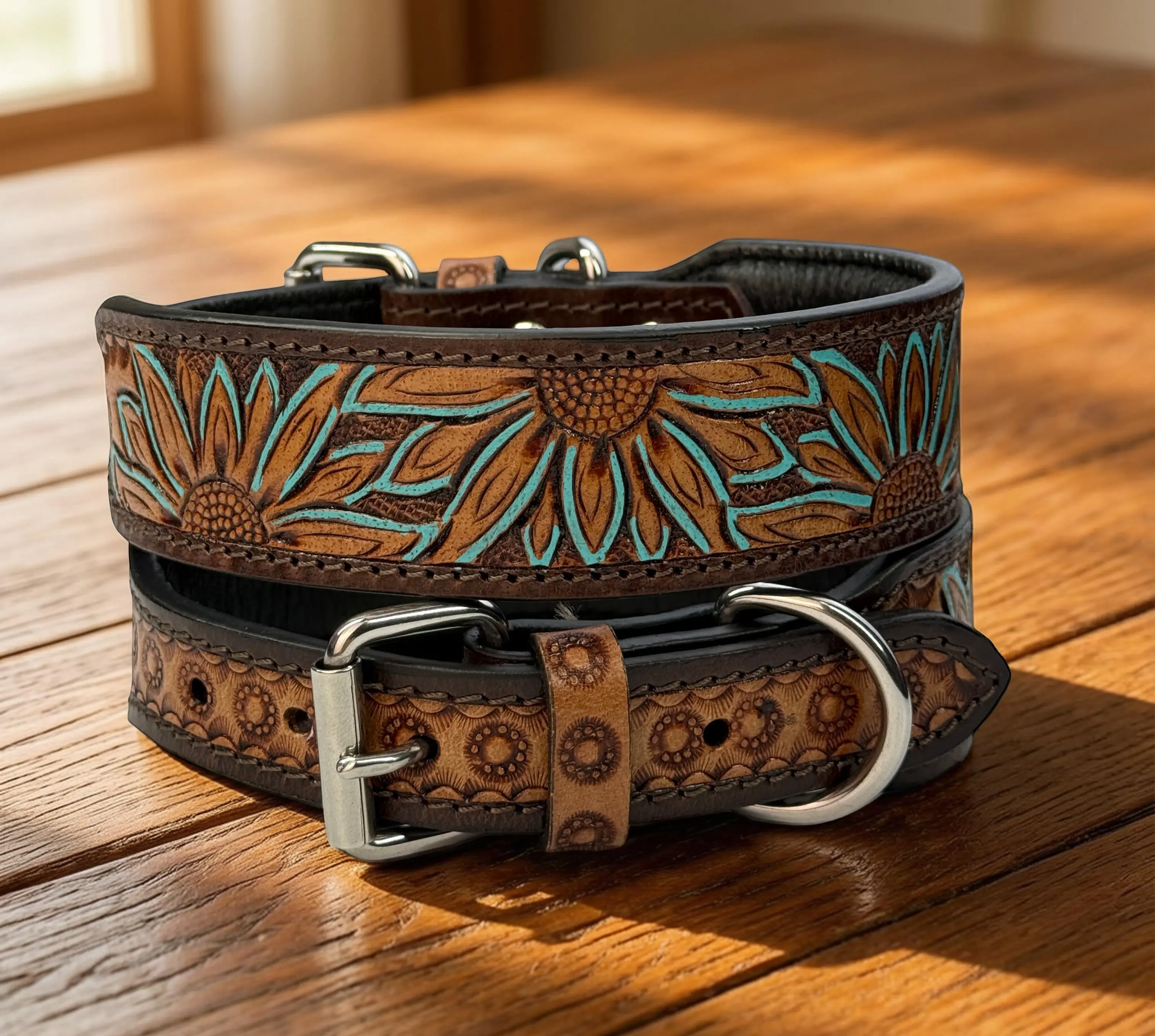 Leather Dog Collar Full grain Leather Handmade Tooled Carved 1.5" wide