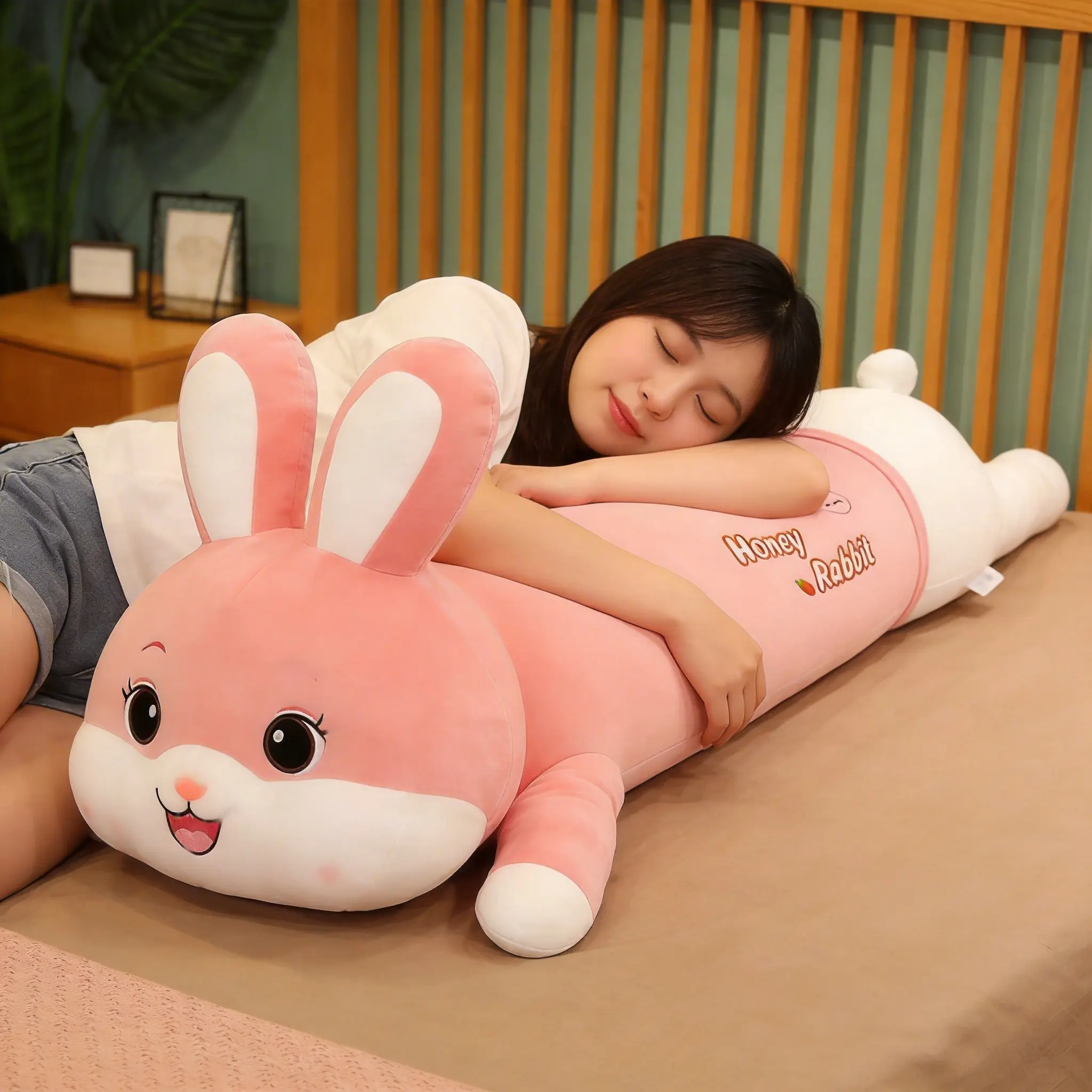 Cute white bunny plush toy — ultra soft, lying posture; extended version bed backrest cushion/cuddle pillow for bedtime; great birthday gift