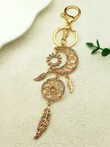 Moon Sun Pink Dream Feather Catcher Key Chain for Women Rhinestone Metal Gold Color Dreamcatcher Keychain Gift