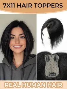 eal Human Hair Clip-In Topper for Women with Thinning Hair - Volume Enhancing Light Straight Hair Extension Wiglet, No Bangs, Hairpiece for Bald Spot Coverage & Scalp Visibility Black/Brown, Invisible Hair Toppers