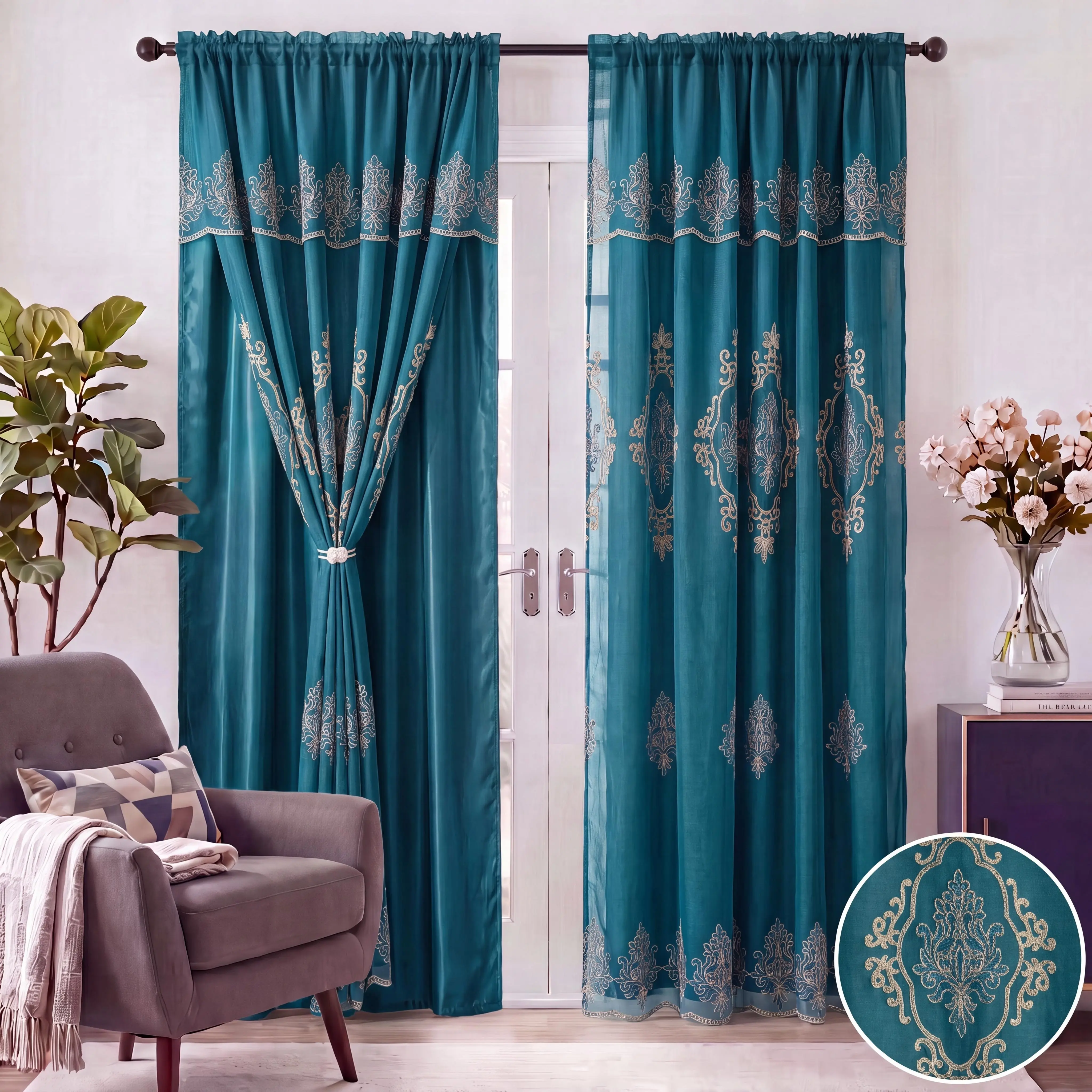 European-Style Luxury Window Curtains, 2-Piece 52x84 in Damask Floral Embroidered Double-Layer Panels with Waterfall Valance & Rod Pocket, Polyester Fits, Low Iron QF01 Summer Home Decor Textile Accessory for Living Rooms, Bedrooms decorative