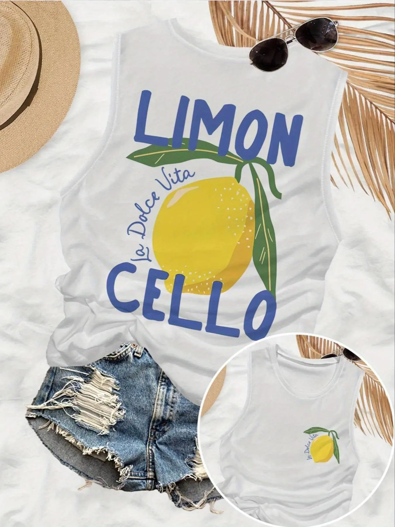 Women's Lemon Print Round Neck Stylish Tank Top, Fitted Tanks, Casual Sleeveless Tank Tops for Summer, Ladies Clothes for Daily Wear, Socks