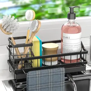 Sponge Holder for Kitchen Sink - Sink Caddy with Brush Holder Self-draining Sponge Caddy Organizer with Divider Stainless Steel Kitchen Accessories Storage for Countertop, Black