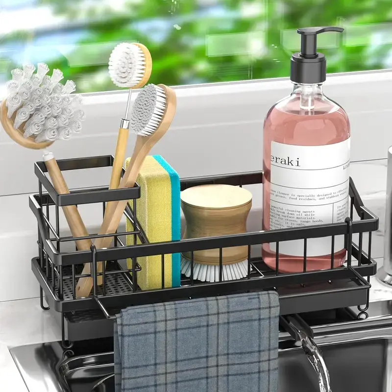 Black Stainless Steel Kitchen Sink Sponge Organiser with Divider - Wall-Mount Caddy, Stable Rack, Brush Holder, Efficient Drain Tray, Easy Installation, Modern Fixture Accessory for Cleaning Needs