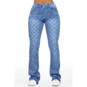Sareka Royal Blue Rhinestone Stacked Flare Jean