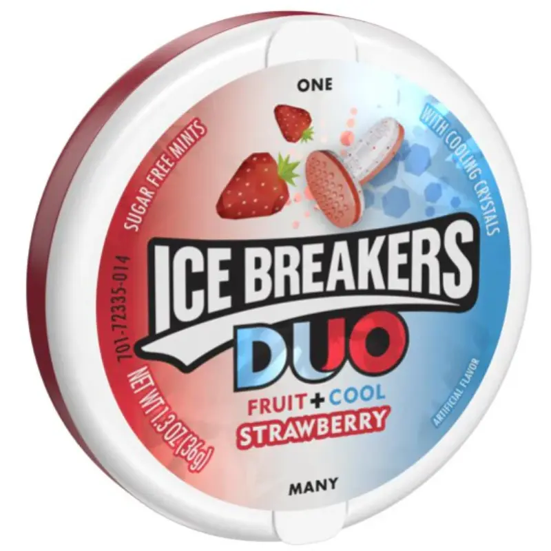 Ice Breakers Fruit+Cool Strawberry Breath Mints 2-Pack Tin Duo - Fat/Sodium Free Snack, Fruity Refreshing Candy, On-the-Go Treat, 1.3oz