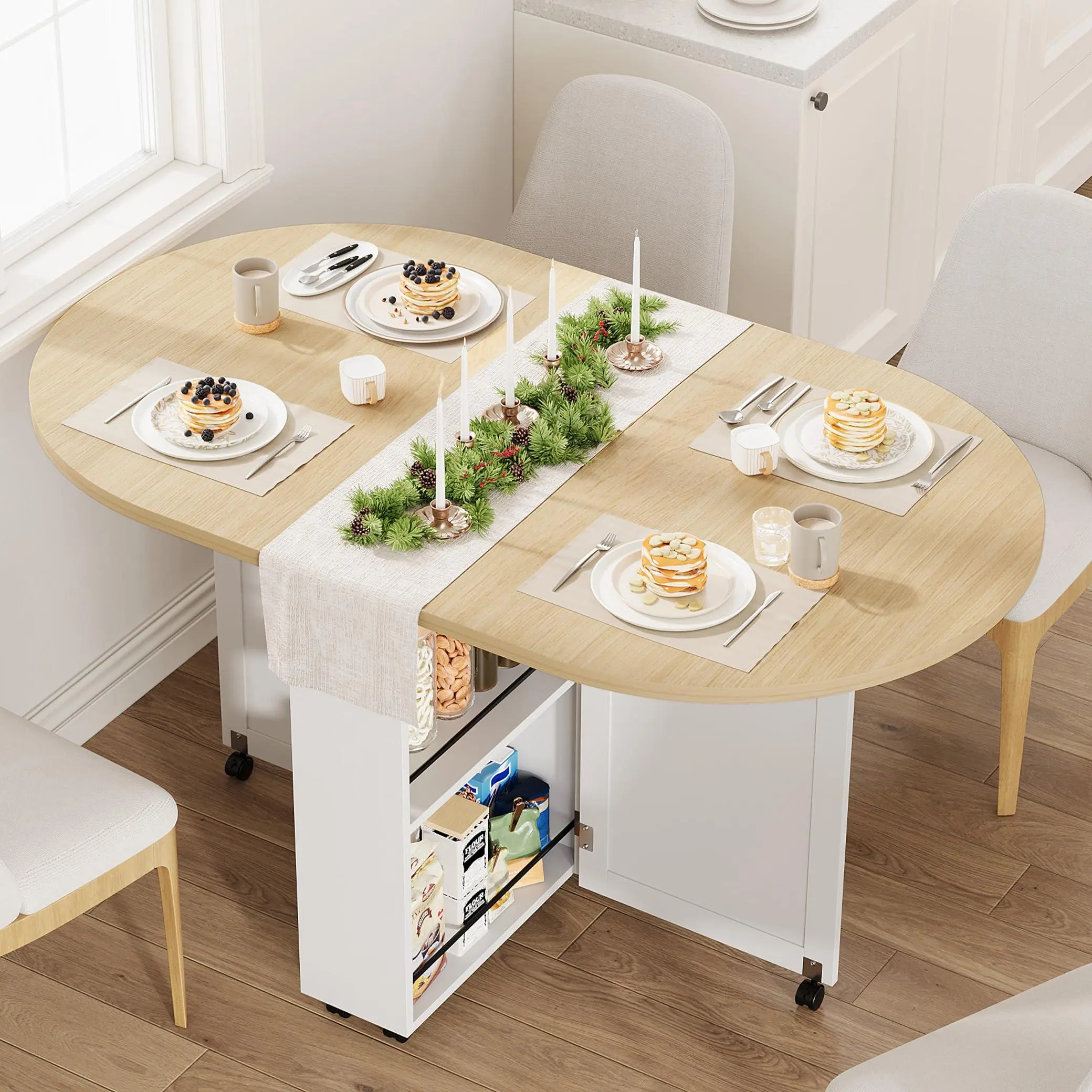 3-in-1 Folding Dining Table with Wine Rack & Cup Holder Lockable Casters, Drop Leaf Oval Folding Kitchen Table for Small Spaces whtie