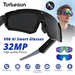 Turbosun Smart Glasses AI Cycling Camera Glasses Wearable 8MP Camera Hands-Free Photo/Video Recording Suitable for Travel Outdoor Wireless UV Protection Language Translation Sync Phone iOS