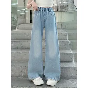 Stylish And Versatile Spring And Autumn Faux Denim Pants for Girls, Fashionable Wide-Leg Trousers for Older Children.