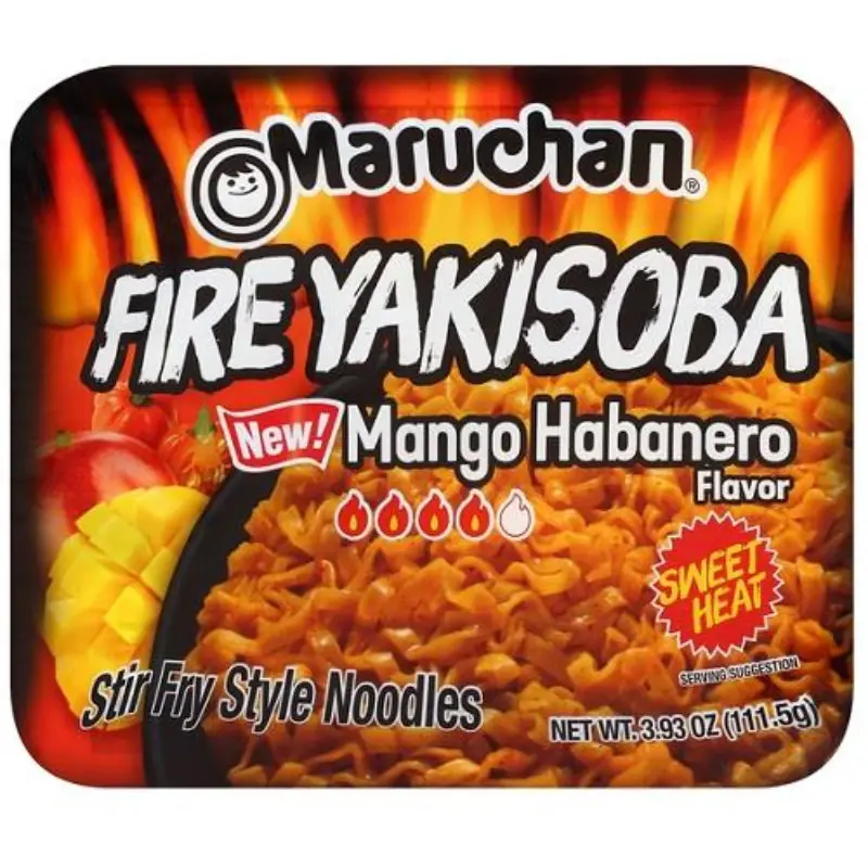 Maruchan Fire Yakisoba Instant Noodle Snack - Spicy Mango Habanero Flavor, 8-Pack, 3.86oz Each, Pantry Food, Contains Wheat