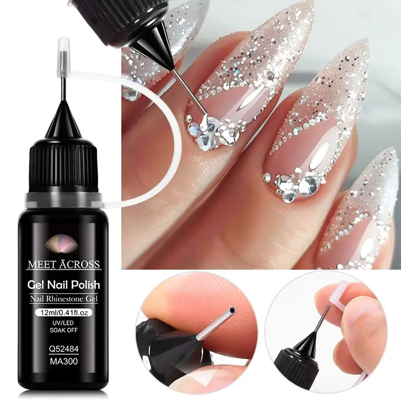 MEET ACROSS 12ml UV Nail Gel UV Light Gel Nail Rhinestone Gel Nail Gel Polish for Manicure Transparent Nail Art Sticky Gel Strong Decorations Non-Toxic Nail Art Products Nail Art Adhesive for Salon and Home Use
