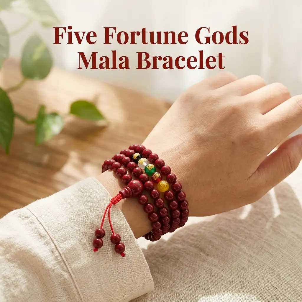 5 Gods of Wealth Mala Bracelet, Genuine Cinnabar & Agate Beaded Jewelry, Traditional Chinese Feng Shui Bracelet for Career Advancement, Cash Flow Attraction & Business Meditation