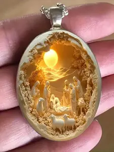 Glass Pendant Necklace with Nativity Scene, Oval Shepherd Design Religious Jewelry, Artistic Touch, Perfect for Daily Wear & Easter Gifts, Vintage Style