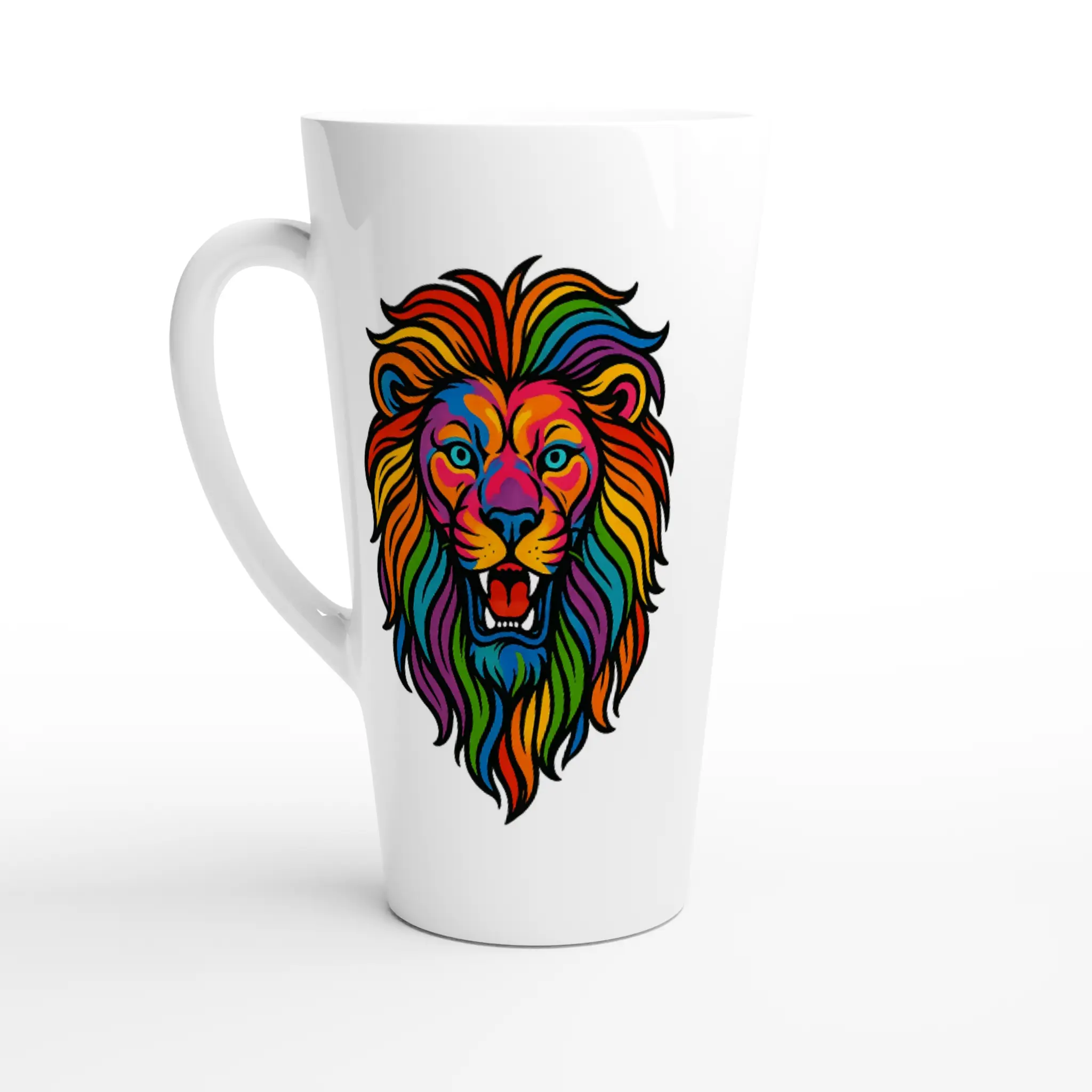 Psychedelic Lion Latte Mug – Large 17oz Ceramic Cup, Vibrant Rainbow Animal Art