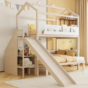 [Bellemave] Twin Over Twin Bunk Bed| Wooden House-Shaped with Slide| Storage Staircase & Bookcase| Safety Guardrails| Easy Assembly