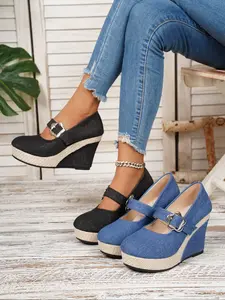 New Women's Rice Colorblock American Denim Mary Jane Thick Heel Single Shoe, Metal Buckle Strap, Spring Fall Commuter Casual Shoes