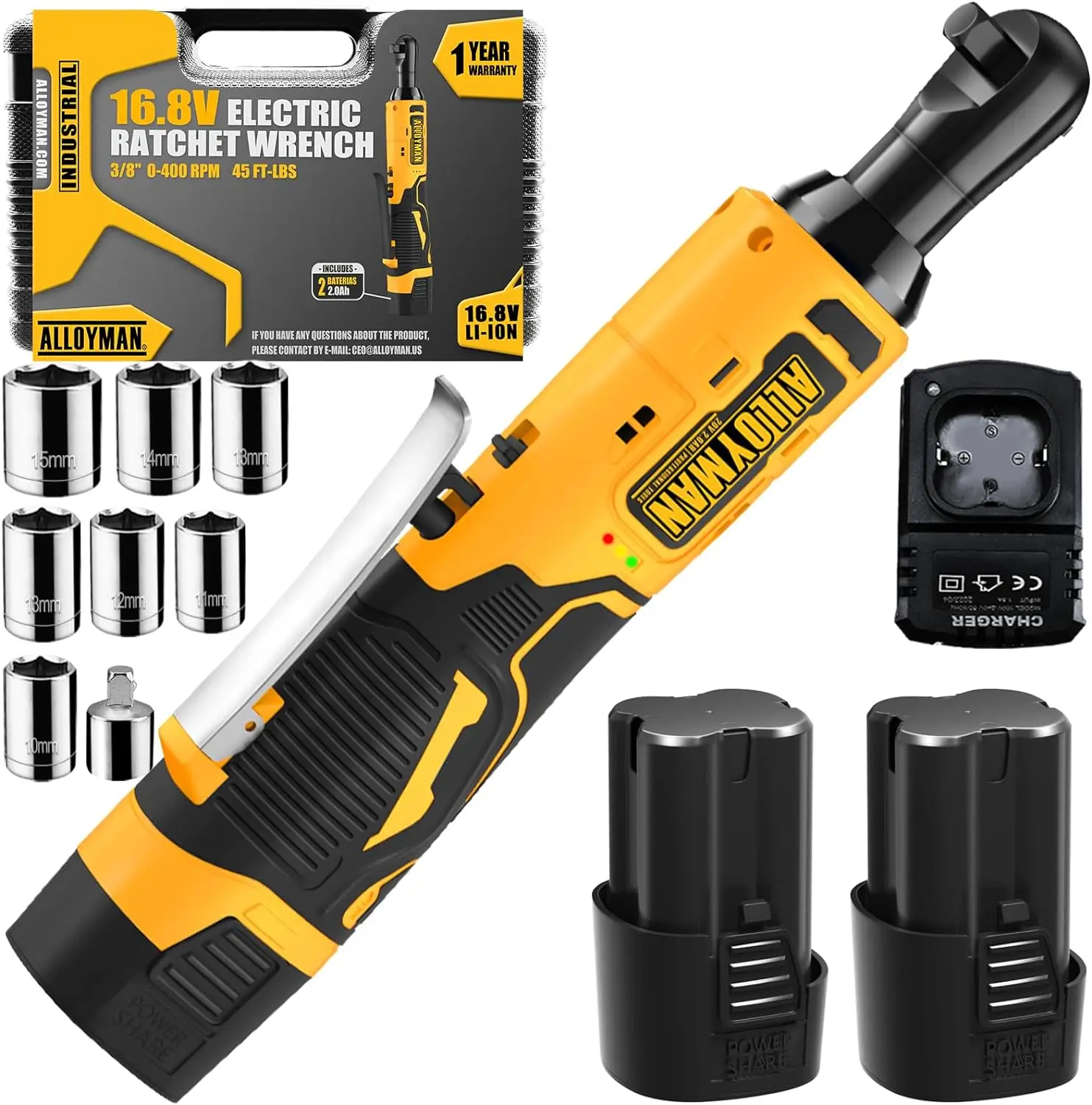 Alloyman 16.8V Cordless Electric Wrench Kit, 400 RPM 3/8 Inch Power Ratchet Wrench with Variable Speed Trigger 2-Pack 2.0Ah Li-Ion Batteries, 7 Socket