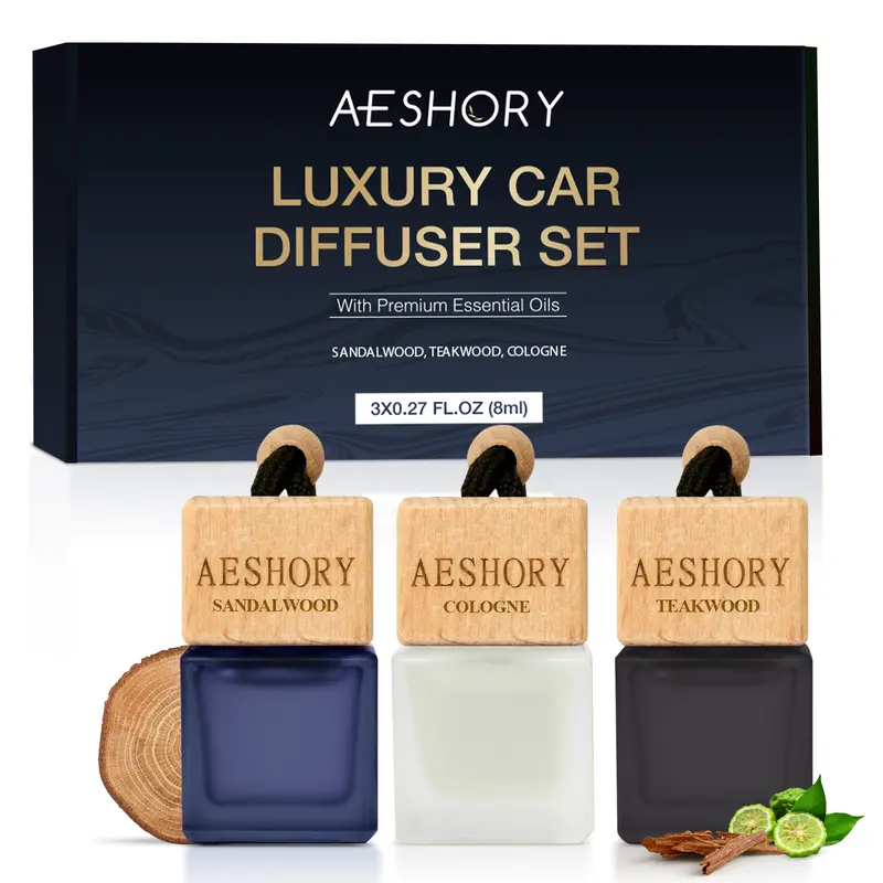 Aeshory Car Air Freshener Hanging 3 Pack – Wood Car Freshener - Sandalwood & Teakwood & Cologne Scents,Car Fresheners Long Lasting Up to 60 Days, Car Air Freshener Men,0.27 FL OZ/8ML