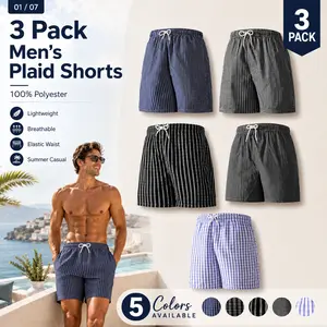 3-pack summer men’s plaid shorts, lightweight and breathable, casual shorts, men’s elastic waistband drawstring sports/casual beach shorts