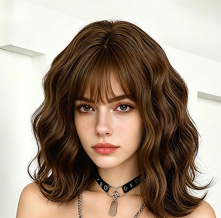 Lotfon Women's short curly Ash Brown non-adhesive synthetic wig, adjustable head circumference, comfortable fit, easy to wear, ready to wear and go, easily achieve a fashionable look
