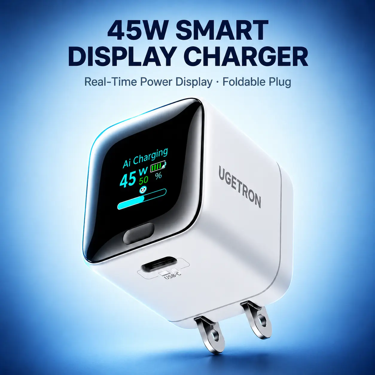 【Perfect Charger for iphone】UGETRON 45W USB-C Charger with Smart Display, Fast Charging Block for iPhone 17/16/15/14/13 Series, MacBook Air & USB-C Devices Cable Foldable