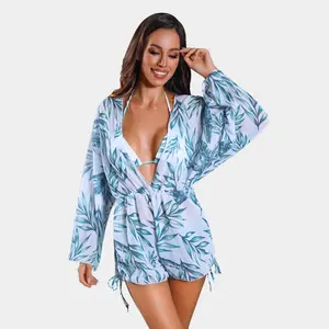 GQF Green & White Palm Leaf Swimsuit Cover-Up Set W008-[ Women's 3 Piece Swimsuits Tropical Print Bikini Set Halter Drawstring Side Bathing Suits with Cover Up]