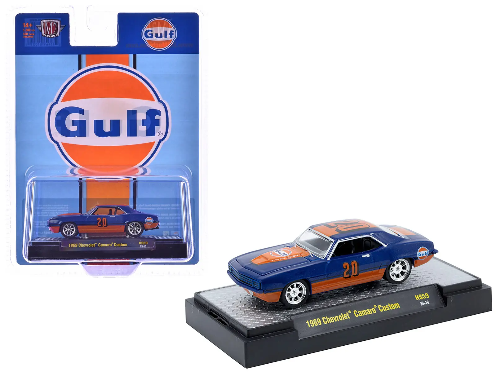 1969 Chevrolet Camaro Custom #20 "Gulf Oil" Dark Blue and Orange Limited Edition 1/64 Diecast Model Cars by M2 Machines