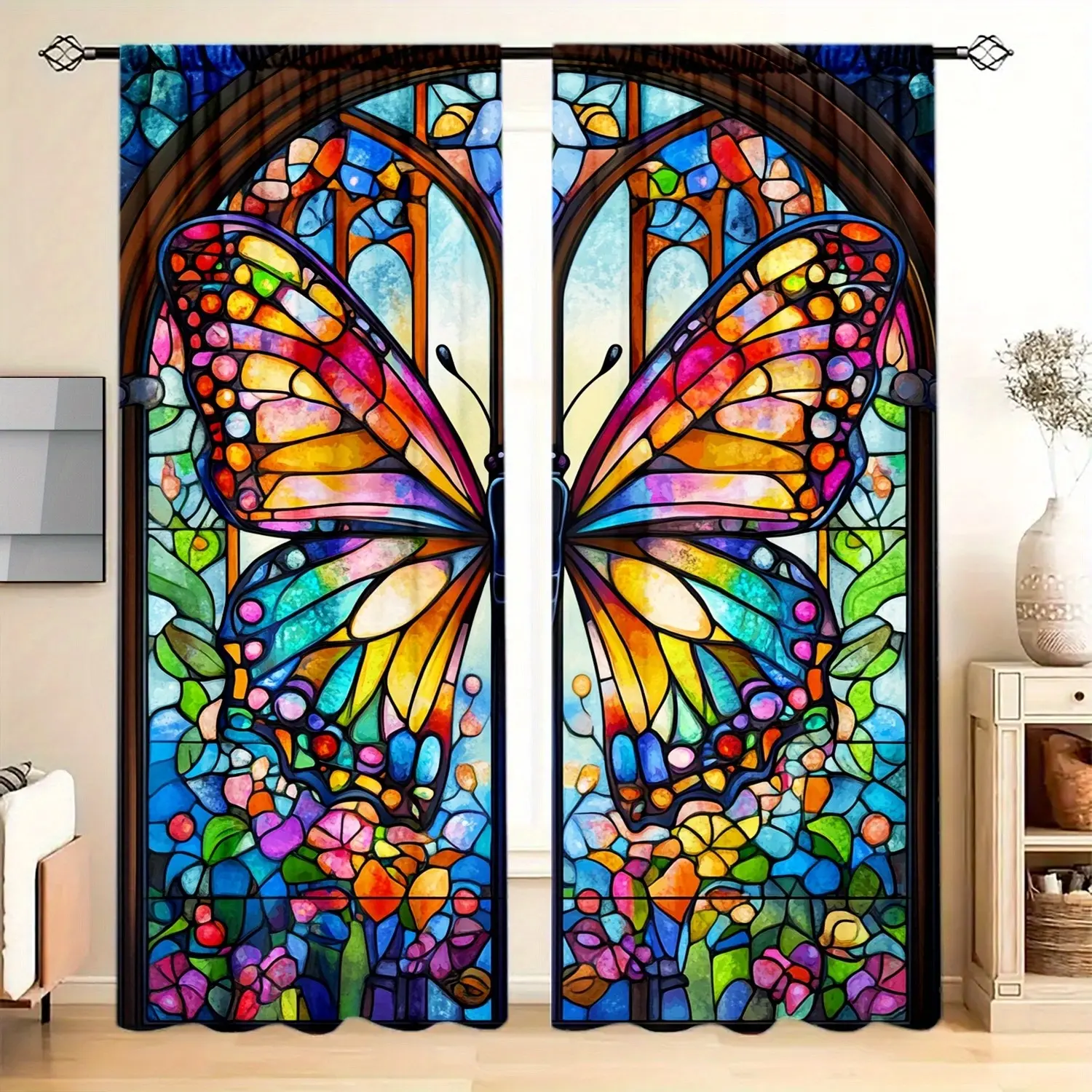Butterfly Print Curtain Panel Set, Window Curtain Panels, Window Hanging, Colorful 2D Flat Design, Home Decor, Perfect for Living Room and Bedroom Decoration, Versatile Use, Decorative, Ready Made Curtains, Window Drapes