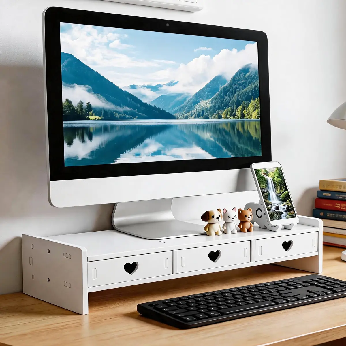 Monitor Riser, Space-Saving Elevated Stand with Smooth Edges for Keyboard Storage, Ergonomic Desktop Organizer for Home & Office