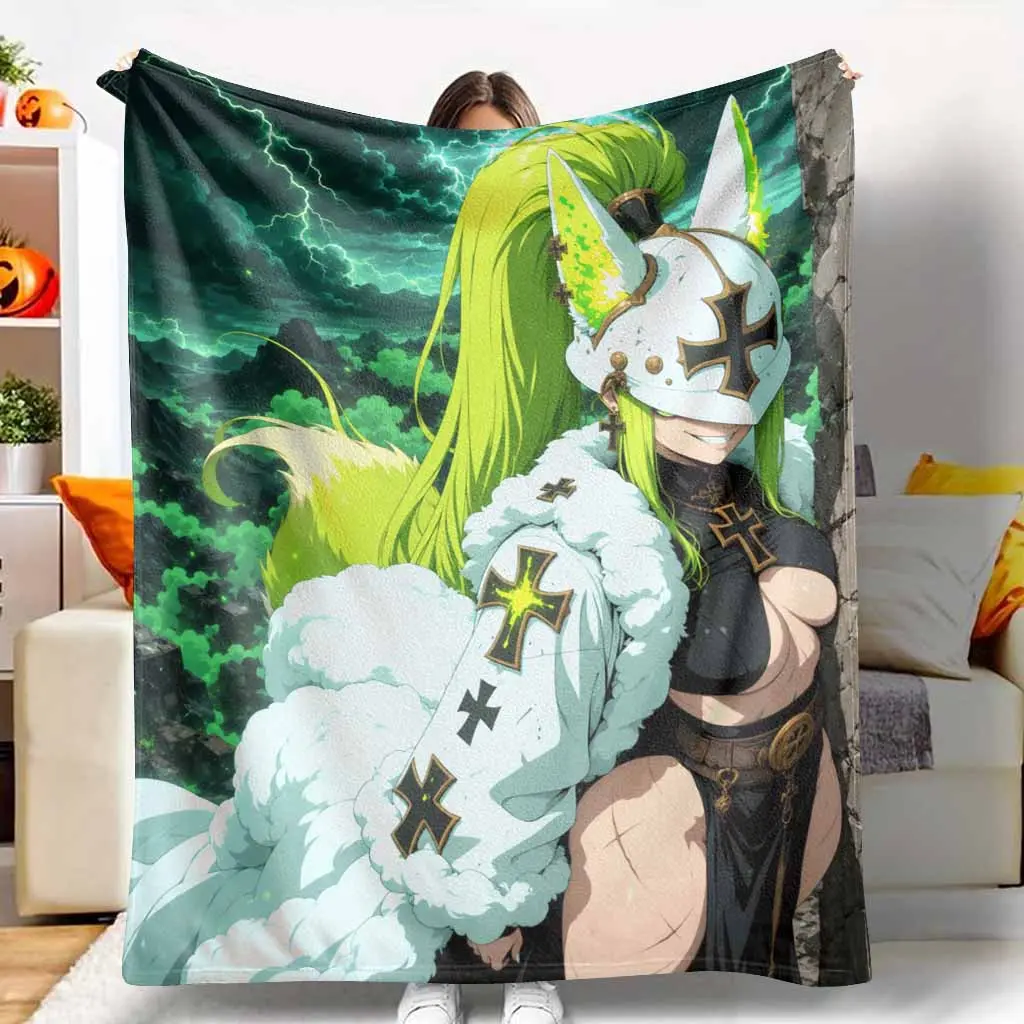 Fantasy Warrior Anime Art Flannel Blanket, Neon Green Storm Theme, Flannel Fabric, Multi-Size, Fading-Proof, Soft Plush Warm Lightweight Cozy Throw for Bed, Camping Trip, Office Nap Decor Gifts