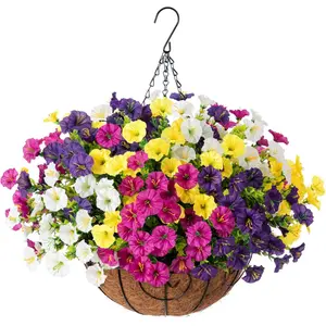 Vibrant Artificial Hanging Planter, Lifelike Silk Flowers & Greenery for Instant Porch, Balcony or Garden Beauty