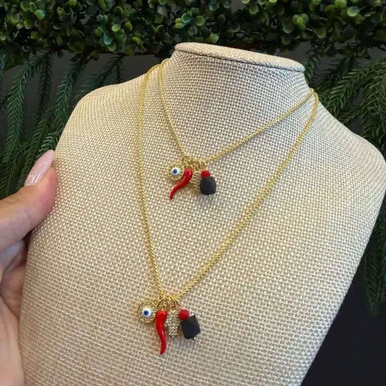 Gold Chain Necklace with Red Chili and Black Bead Charms for Women's Fashion Jewelry