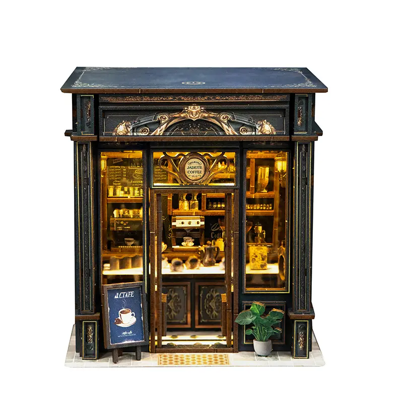 Book Nook Kit，Green Crystal Coffee House DIY Miniature House Kit with Warm LED Light, Vintage Coffee Shop Wooden 3D Puzzle Model, Handmade Assembly Craft Kit, Desktop Shelf Decor, Collectible Dollhouse Display Gift for Coffee Lovers
