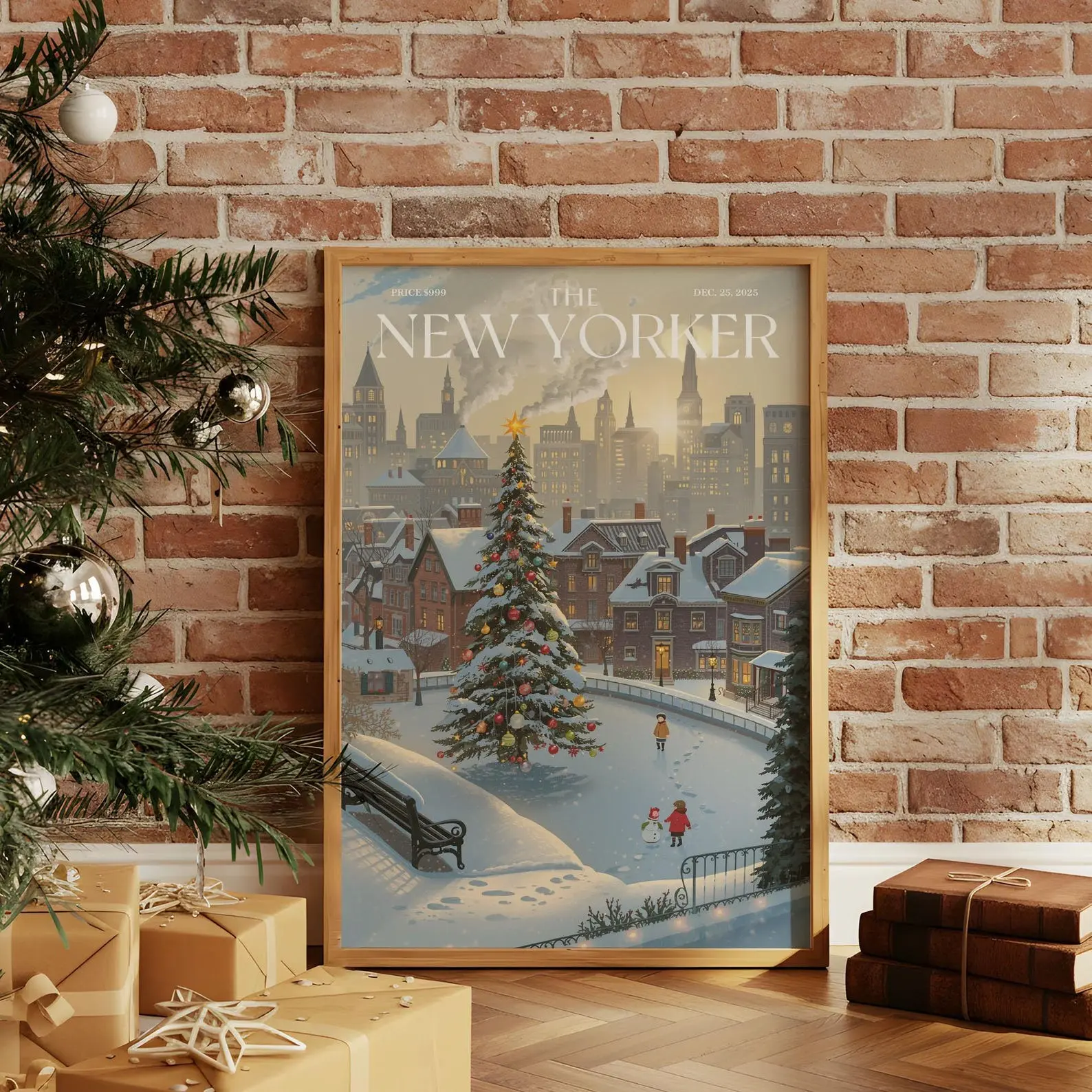 Vintage Christmas Snowy Morning in New York Poster, Retro Magazine Cover Wall Art, Cozy Christmas Night Wall Art, Retro NYC Holiday Decor
