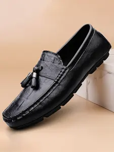 Men's High-End Cowhide Leather Shoes, Anti-Slip Lightweight Driving Boat Shoes, Business Style Slip-Ons for All Seasons, Casual Loafers