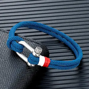 Nautical Bracelets for Men Double Strand Surfer Rope Bracelet Stainless Steel Anchor Shackle Handmade Ideal Gift for Son