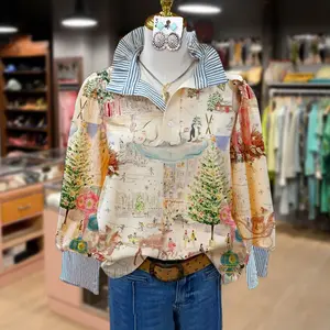 Cherrybetty Mixed Christmas Print Striped Collar Top Blouses Shirts Long Sleeve Women Going Outfits Fall Outfits Collar Excellent Gifts for Christmas and New Year