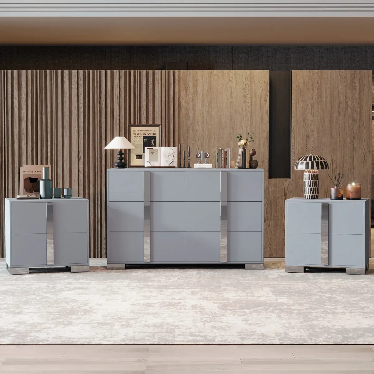 3-Pieces Bedroom Dresser Night Stand Set, A 6-Drawer Cabinet & 2 Nightstand,  Elegant Mirrored Metal Legs Wood Storage Chest and Bedside End Bedside Table,  Grey - TikTok Shop