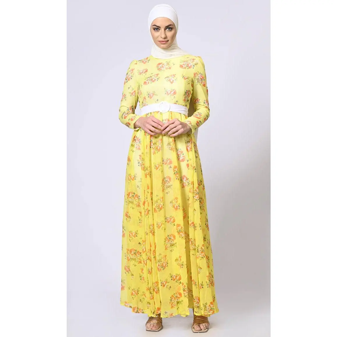 Mellow Yellow Magic: Printed Abaya with Belt and Hijab
