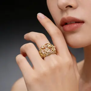 1PC wide ring featuring a flower and bird design, with a retro natural style, hollowed-out carvings paired with synthetic zirconia stones, adding an elegant touch to women's style, suitable for event wear or holiday gifts