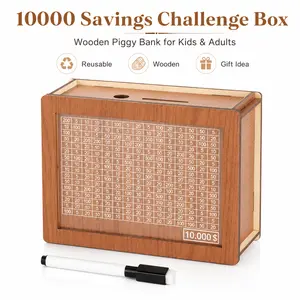 Handmade Wooden Savings Case, Household Coin Storage Jar for Kids & Grown-Ups, 10000 Target Saving Box, Festive Present for 3–12 Years Old Boys Girls (10000 USD Saving Goal Style)